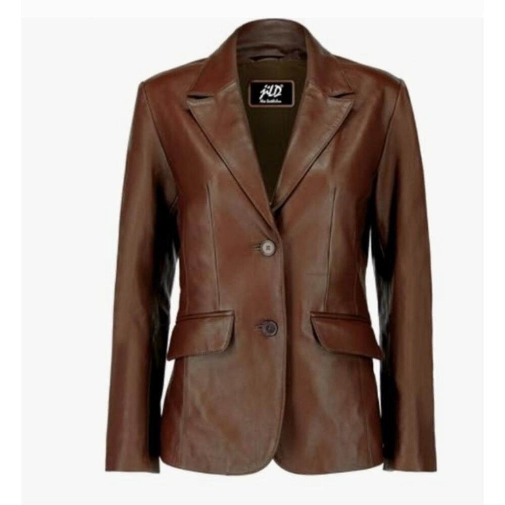 Jild Womens Brown Long Sleeve Classic Lambskin Leather Blazer Jacket Size XL